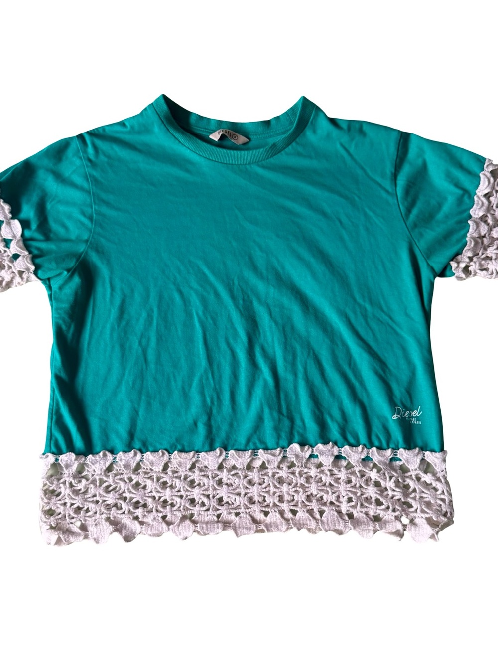 Diesel Women’s Teal Knit Hand Made Crochet Trim Short Sleeve T-Shirt Size S